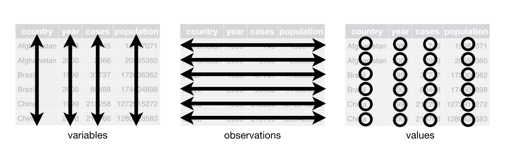 Infografía con datos ordenados (tidy data) extraída de <https://r4ds.had.co.nz/tidy-data.html>